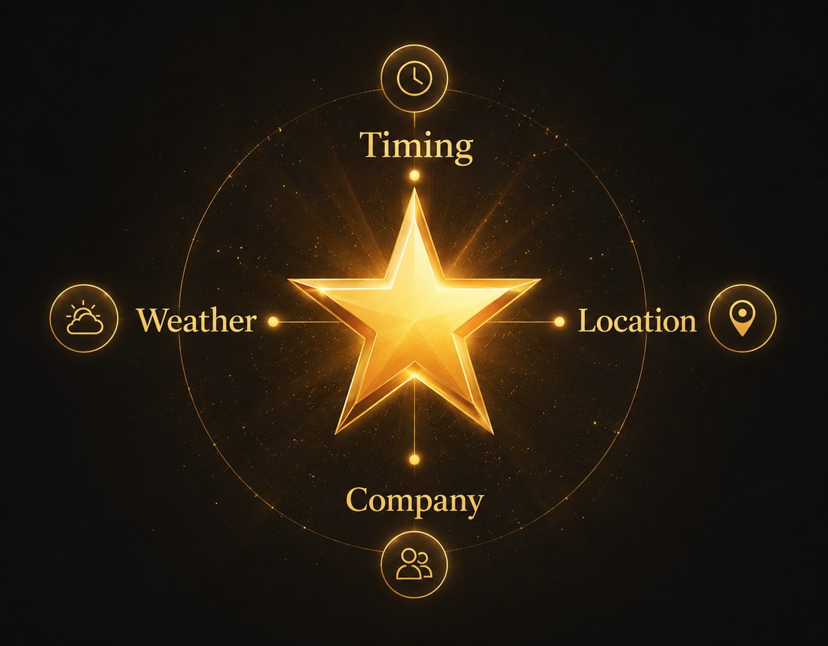 Diagram of the four factors: Timing, Location, Weather and Company