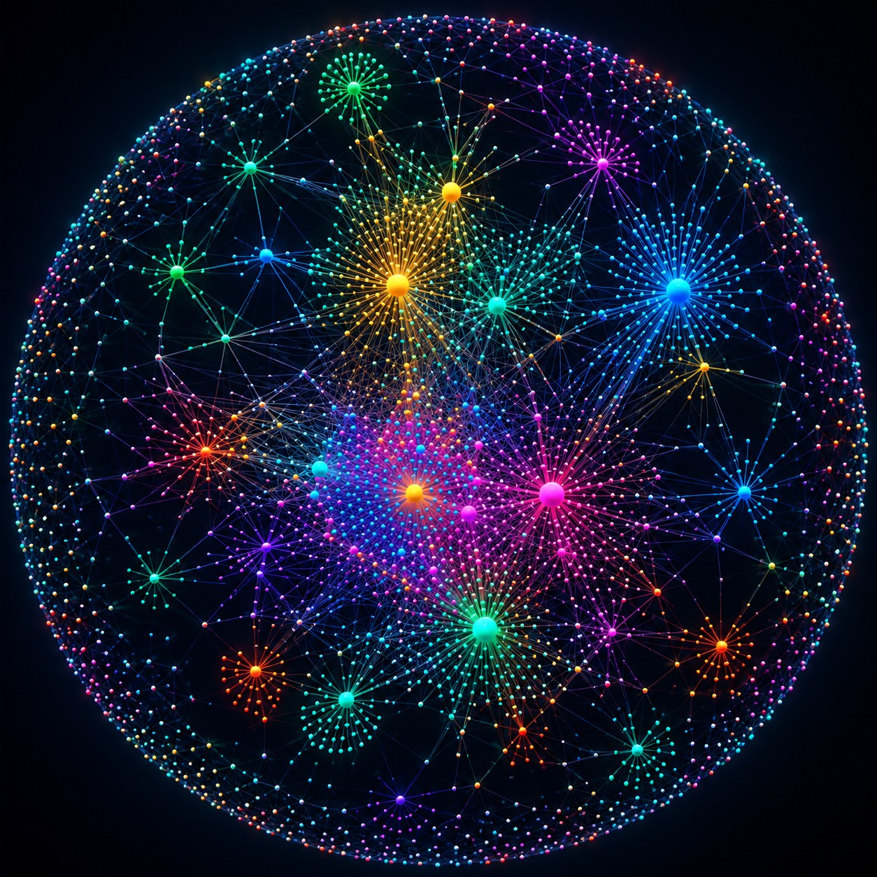 A spherical graph view of my second brain: hundreds of coloured dots, each a note, joined by faint lines into bright clusters around the topics I return to most.